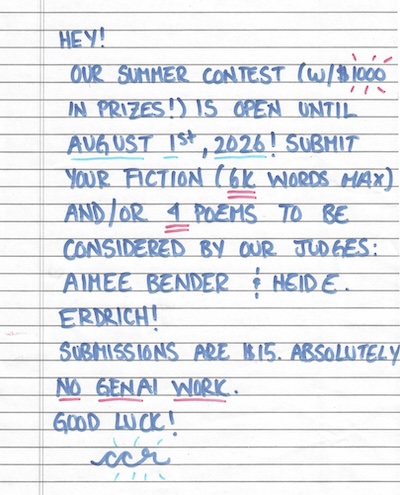a note handwritten in blue marker on a sheet of lined paper announcing a summer literature contest. the details are less important than the handwritten nature of the thing